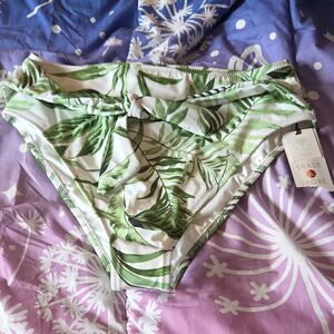 Shade & Shore Green Leaf Print High Waist Cheeky Bikini Bottom S Lined Tropical